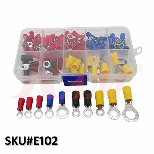 [KIT.RING.TERMINAL.E102] Box of 102 pcs Insulated Ring Electrical Crimp Terminals RV1.25~5.5 Kit (SKU#E102) علبة ترامل دبلة حلقات نحاس مقاسات مختلفة