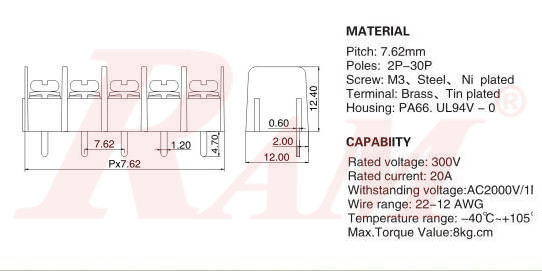RP4 - 4 Pin Barrier Terminal Block Pitch 7.62mm