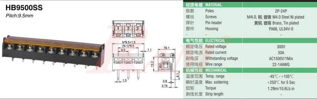 RPC5 - 5 Pin Barrier Terminal Block With Cover Pitch 9.5mm