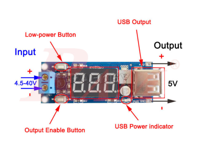 DC-DC Step Down Converter 2A USB With Voltmeter (4.5V~40Vdc to Fixed Output 5V/2A) SKU#DC302