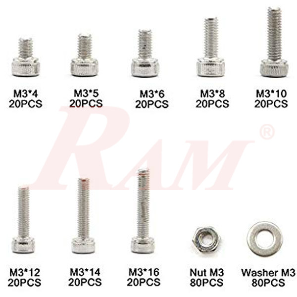 Box of 320pcs/Set M3 304 Stainless Steel Hexagon Socket Head Cap Screws & Nuts (SKU#KIT.SCREW)