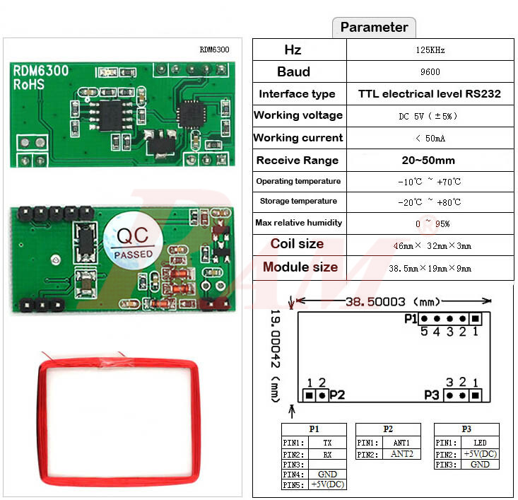 RDM6300 RFID 125KHz Card Reader UART Serial Output