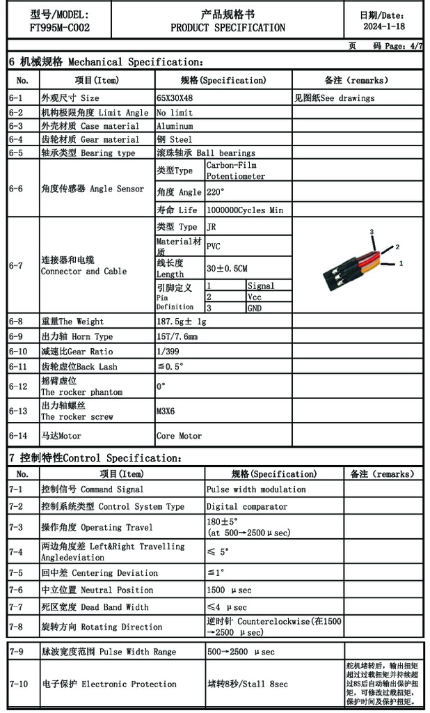 FT995M-C002 Servo Motor 180° 95 kg.cm Metal Gear 12Vdc