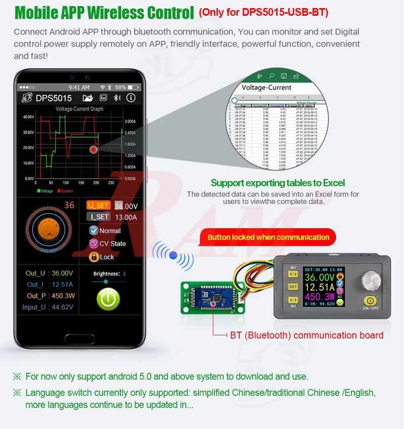 RIDEN DPS5005-BT Bluetooth & USB Programmable Power Supply With Color LCD Voltmeter 0~50V 0~5A