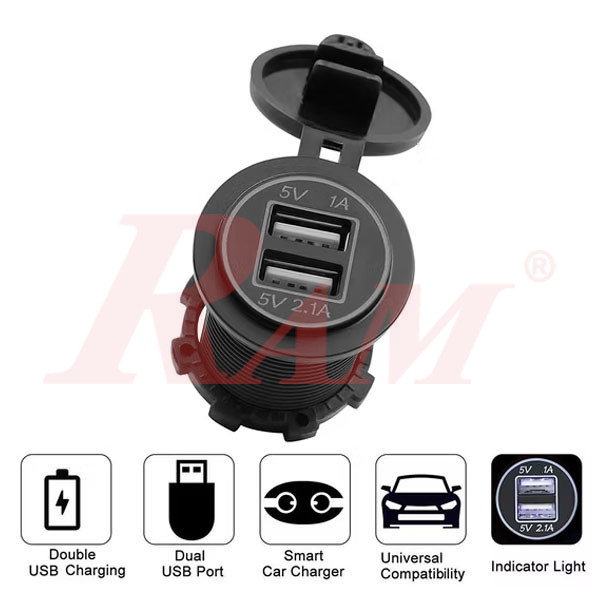 Waterproof Dual USB Charger Socket Outlet 5V 4.2A - With LED (SKU#NC338)