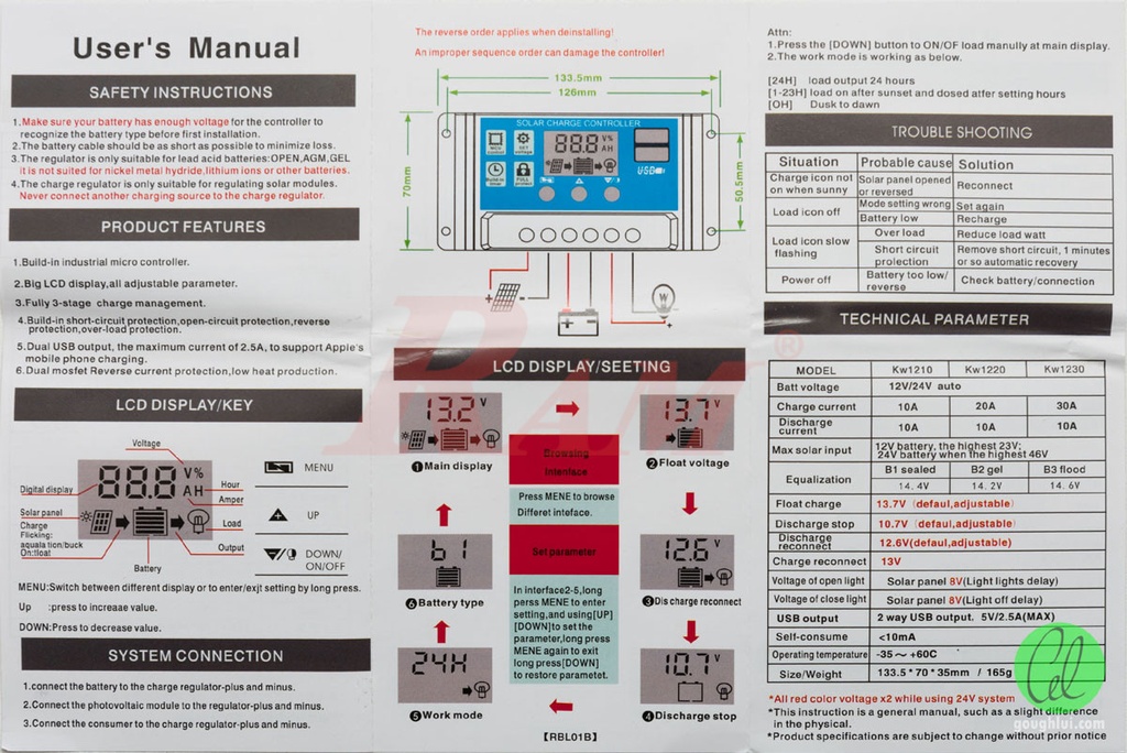 W88-C PWM Solar Charge Controller 12V/24V 30A