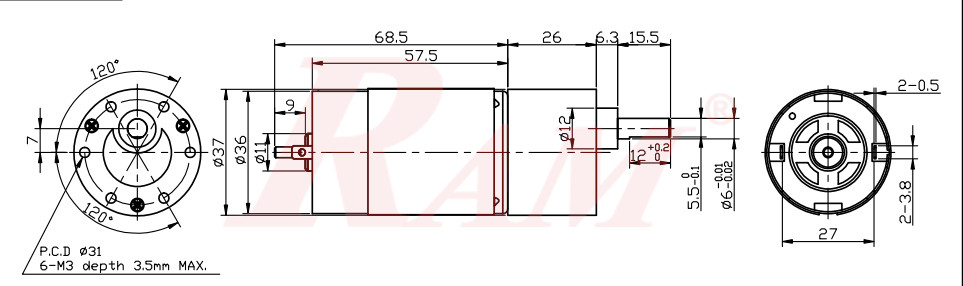 DC Geared Motor 12Vdc 100rpm 0.34 N.m - Model SG555123000-30K