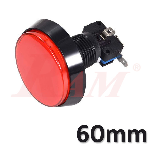 Arcade Style 60mm Big Round Push Button With Red LED Light - Flat Head زر ضغط دائري كبير مقاس 60 ملم على طراز Arcade مع ضوء LED احمر