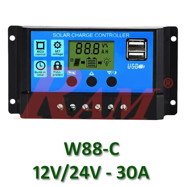 W88-C PWM Solar Charge Controller 12V/24V 30A