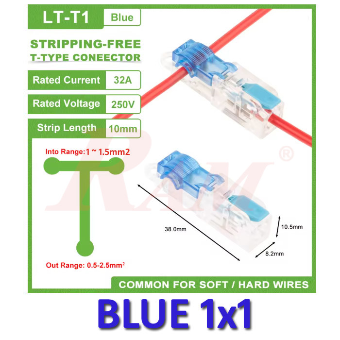 WAGO T-Tap 1x1 (Blue) 1~1.5mm² Stripping Free Wiring Connector - Conductor Terminal Block With Lever LT-T1-BLUE
