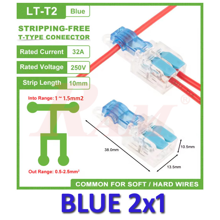 WAGO T-Tap 2x1 (Blue) 1~1.5mm² Stripping Free Wiring Connector - Conductor Terminal Block With Lever LT-T2-BLUE