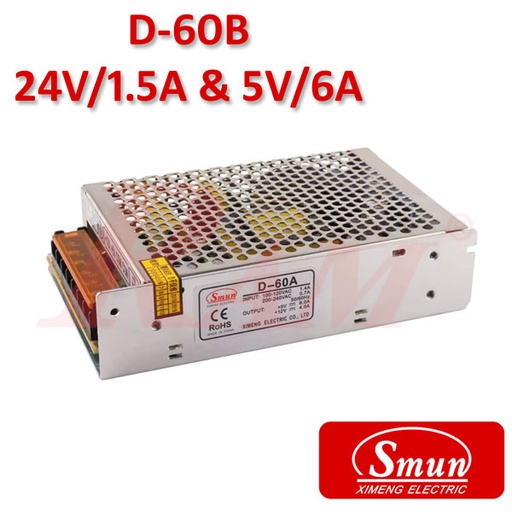 [KIT.SMPS.24V1.5A.5V6A] Smun® Industrial SMPS Dual Output +24Vdc/1.5A & +5Vdc/6A Input 220Vac (D-60B)