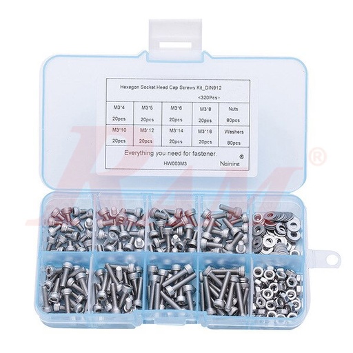 [KIT.SCREW.M3] Box of 320pcs/Set M3 304 Stainless Steel Hexagon Socket Head Cap Screws & Nuts (SKU#KIT.SCREW)