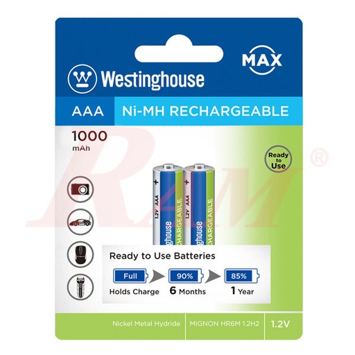 [WESTINGH.RECH.AAA.1000MAH] عدد 2 بطارية قابلة للشحن 1000mA مقاس ريموت AAA ماركة ويستينجهاوس