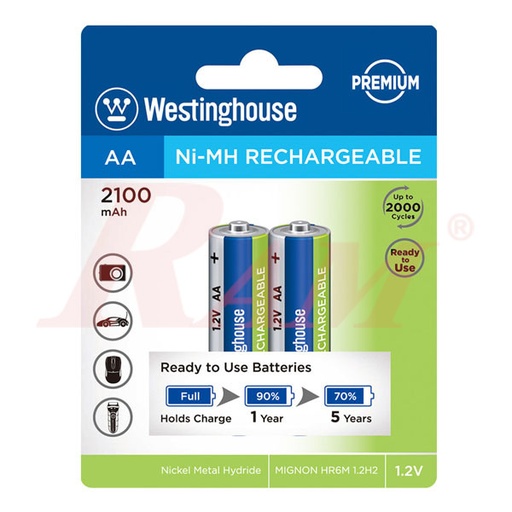 [WESTINGH.RECH.AA.2100MAH] عدد 2 بطارية قابلة للشحن 2100mA مقاس قلم AA ماركة ويستينجهاوس