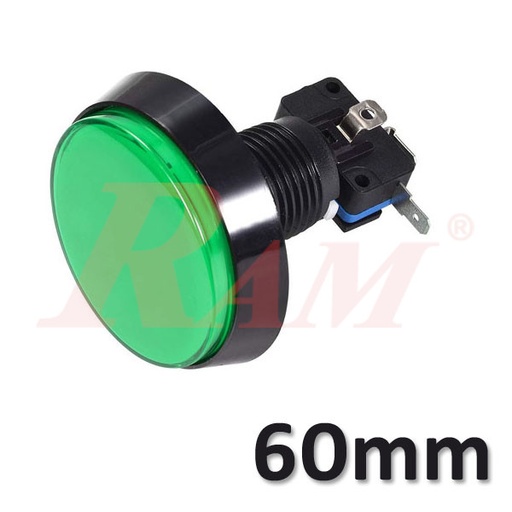 [PB.ARCADE.60MM.12V.G] Arcade Style 60mm Big Round Push Button With Green LED Light - Flat Head