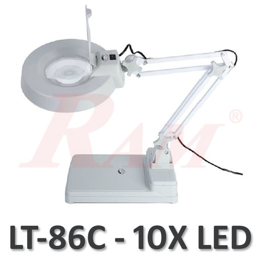 [MAGNIFIER.LT86C.X10] LT86C Glass 10X Big Magnifier Stand With LED Light - NEW Shape  عدسة تكبير 10 مرات بقاعدة وذراع متحرك مع اضائة ليد