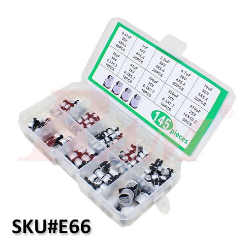 [KIT.E66.ALCAP] Box of 145pcs 10 Values SMD Aluminum Electrolytic Capacitors Kit 0.47uF~470uF (SKU#E66)