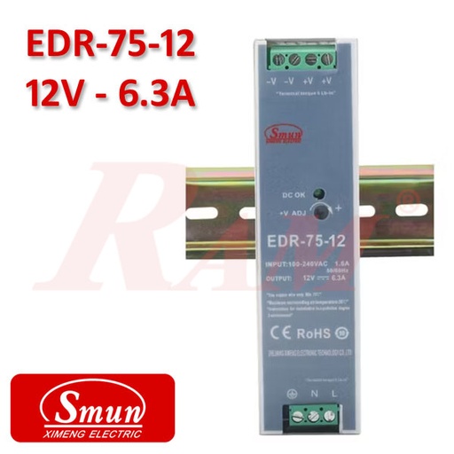 [KIT.SMPS.DAIN.12V.6.3A] Smun® Industrial SMPS Din-Rail Type Output +12Vdc/6.3A Input 220Vac EDR-75-12