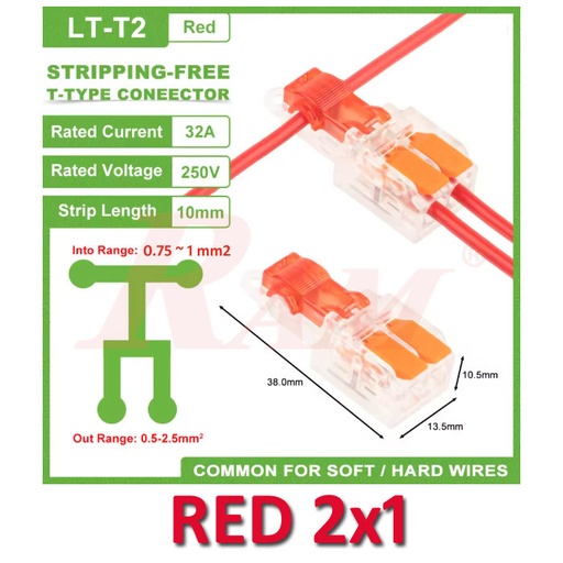 [WAGO.T-TAP.RED.2X1] WAGO T-Tap 2x1 (Red) 0.75~1mm² Stripping Free Wiring Connector - Conductor Terminal Block With Lever LT-T2-RED